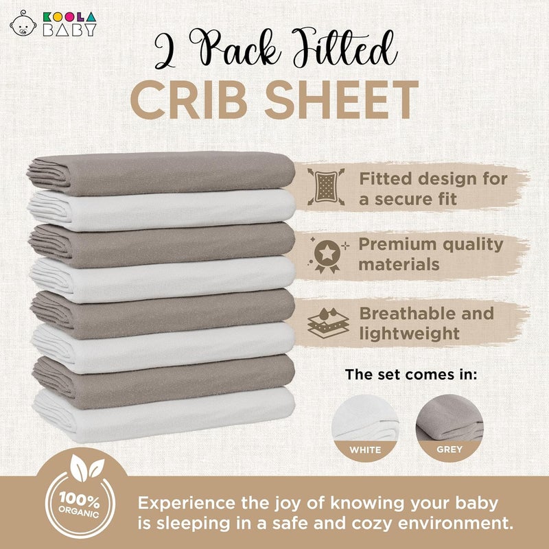 KoolerThings Crib Sheets 100% Organic Jersey Cotton Sheets for Boys & Girls, Fitted Sheets for Standard Crib & Toddler Mattress - Super Soft & Breathable for Cozy Comfort | White + Grey - 52"x28" (2 Pack) - Image 3